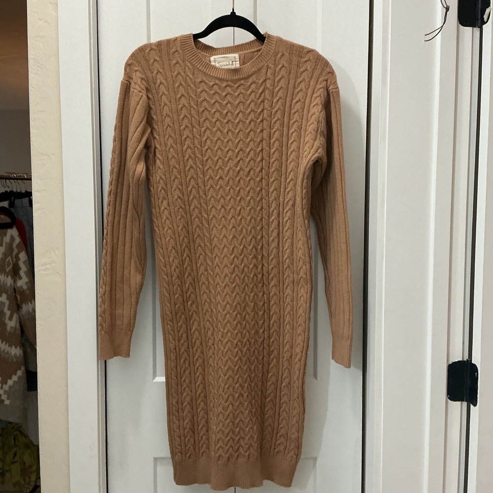 Spadehill Minimalism Camel Tan Cable Knit Long Sleeve Crew Neck Sweater Dress